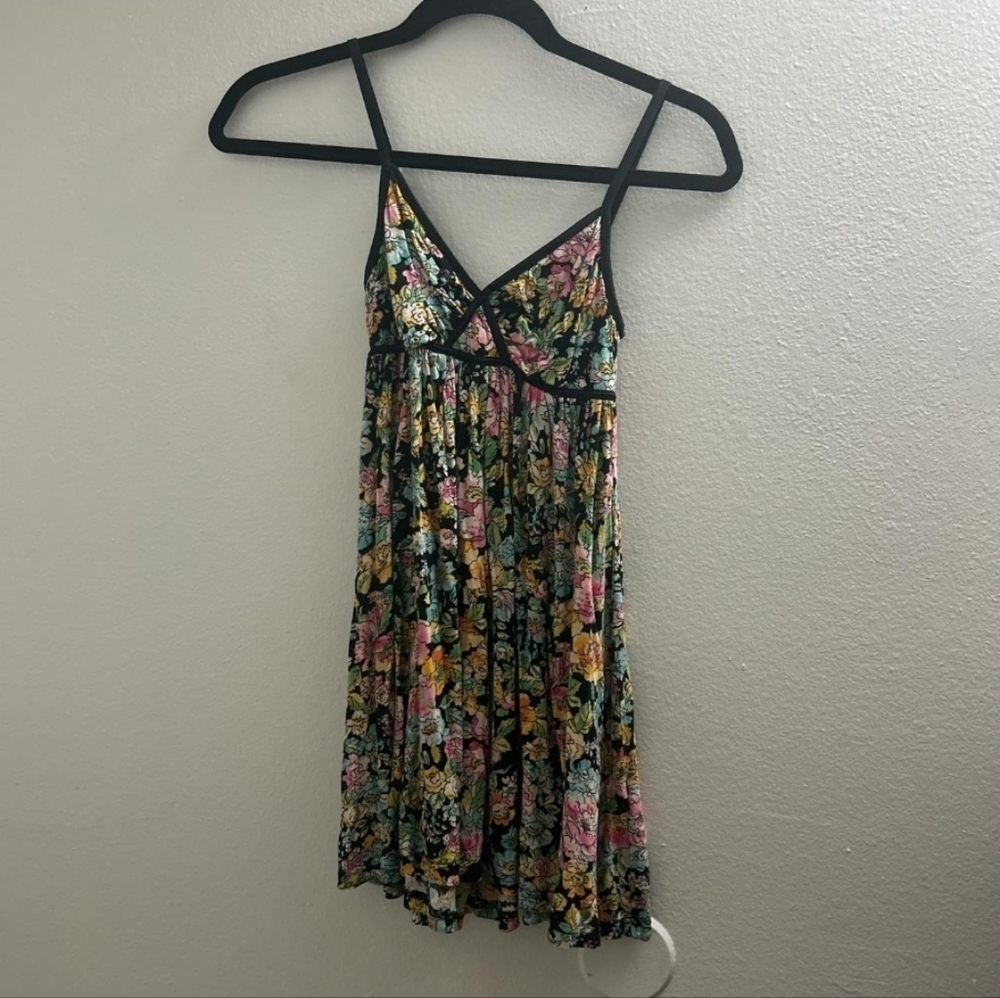 Floral Spaghetti Strap Sundress - Black Base with Pink & Yellow Flowers